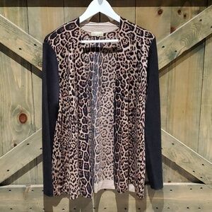 MERINO LUXURY ANIMAL PRINT OPEN CARDIGAN BROWN RIBBED SLEEVES